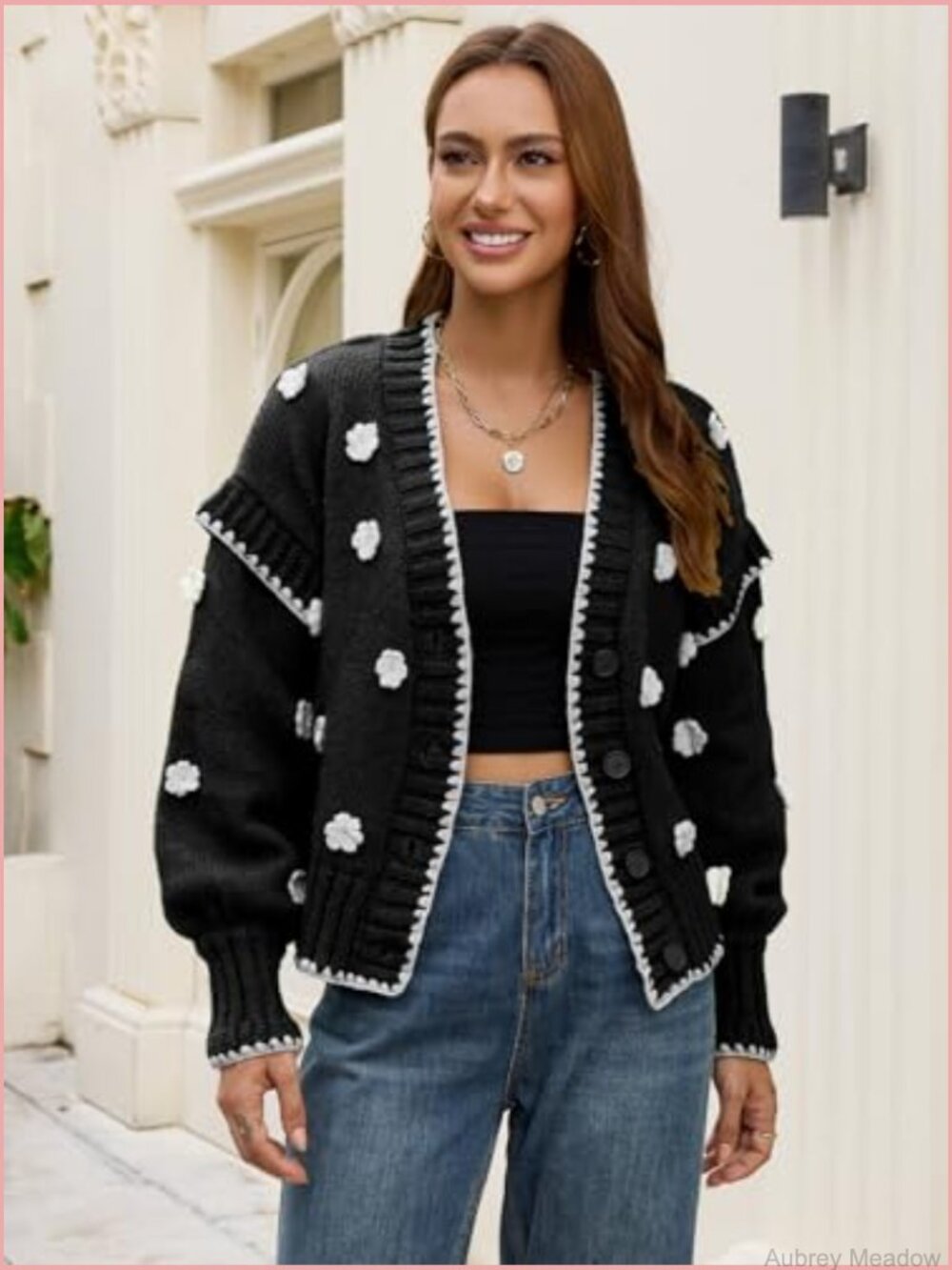 Chunky Knit Drop Shoulder V Neck Button Down Embroidered Flower Cardigan Tops - Picture 4 of 7
